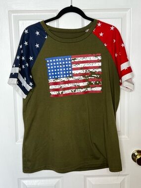 Patriotic American Flag Graphic Tee Olive Green Raglan Star Sleeve XL